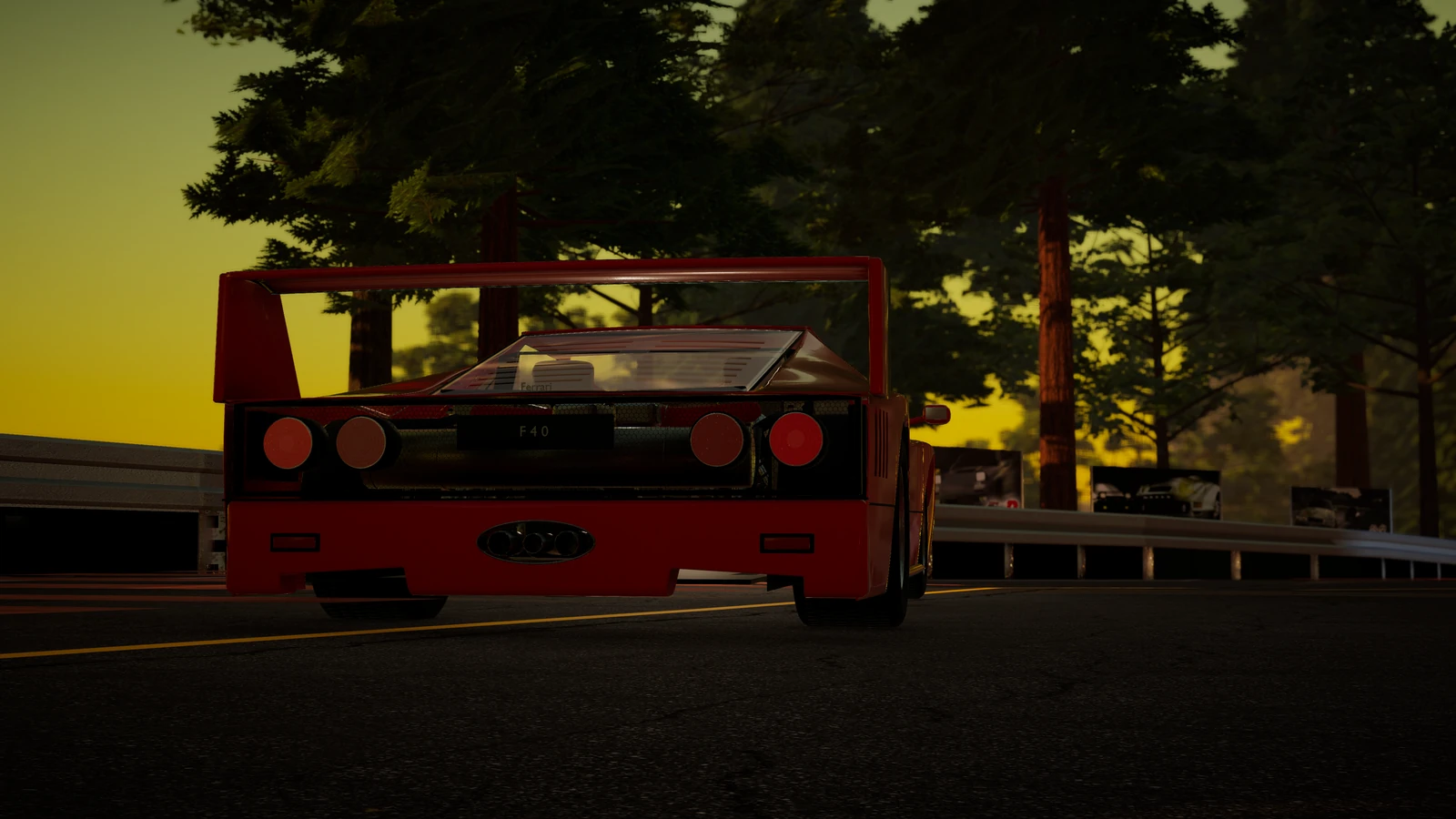 The F40 from behind, its four round tail lights against a yellow sunset.