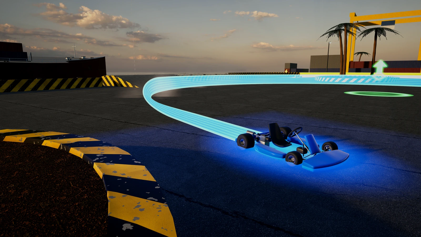 A blue go-kart carves a curve of cyan light past the harbour cranes at sunset.