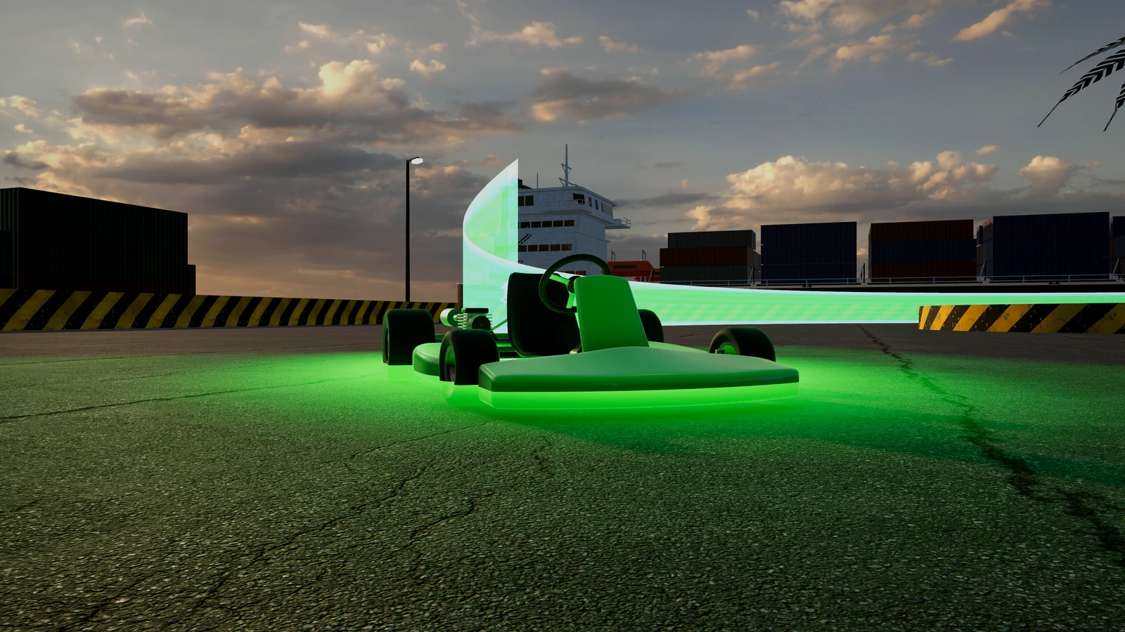 A go-kart trails a green wall of light across a harbour yard at sunset.