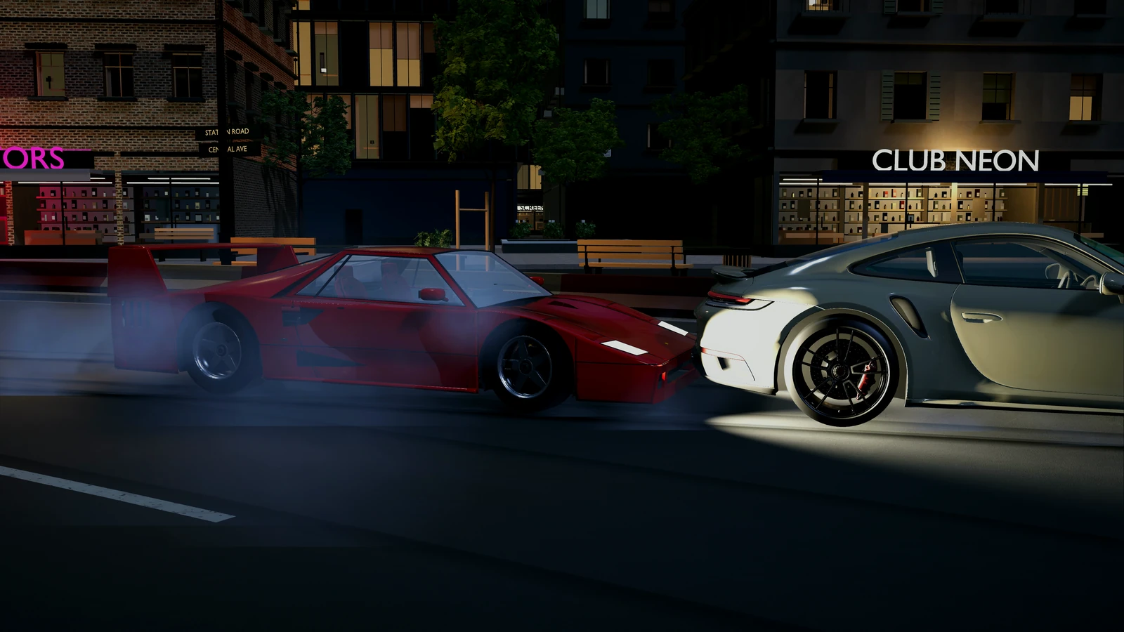 A red F40 rams a Porsche 911 from behind under a CLUB NEON sign, tyre smoke trailing.