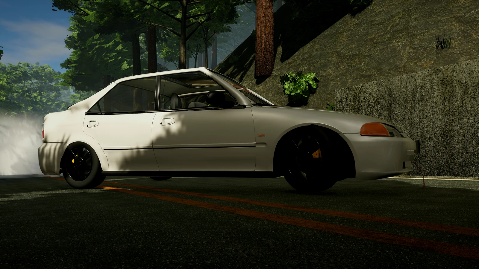 A white Honda Civic slides sideways on a forest road, front wheels turned against the slide.