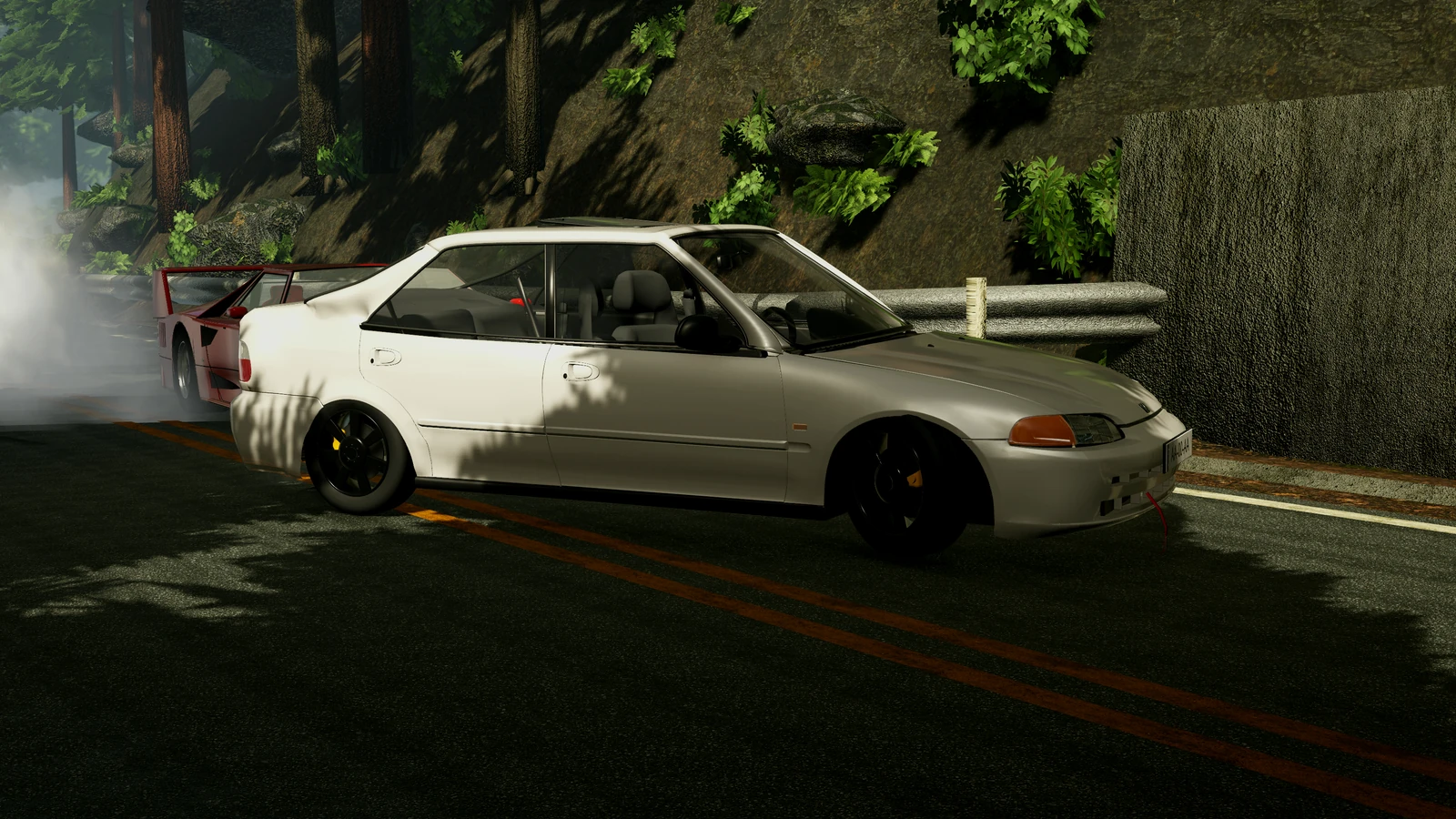 The Civic slides sideways in its own tyre smoke, the F40 right behind it.