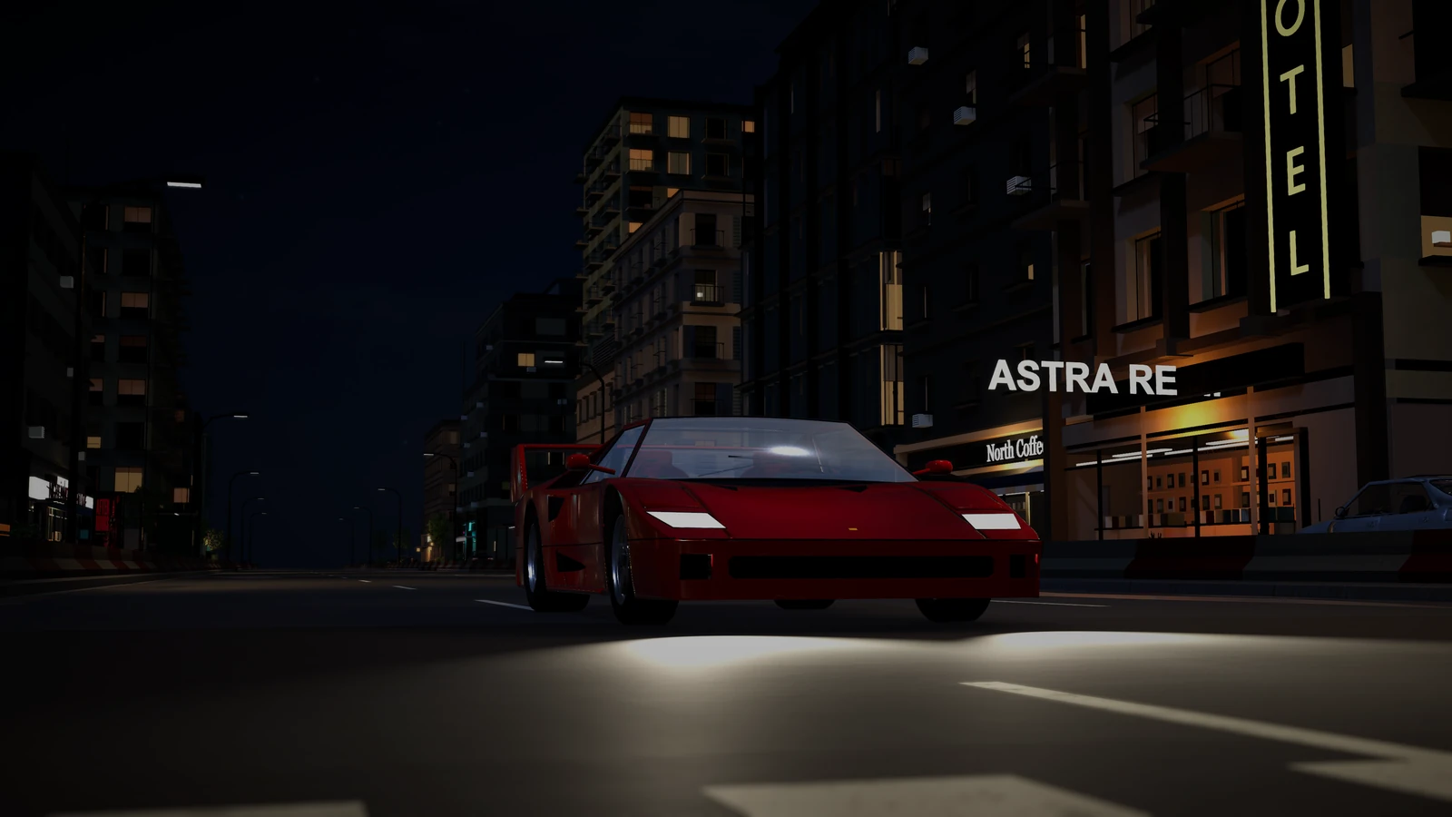 A red Ferrari F40 with its headlights on, at night under a vertical neon HOTEL sign.