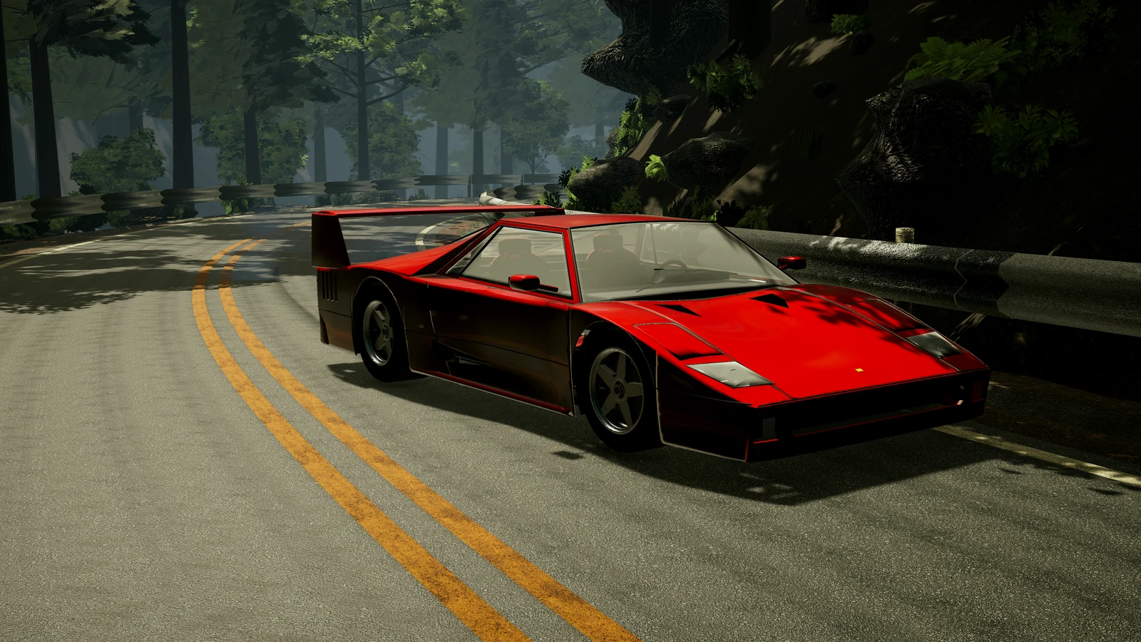 The F40 at speed through sunlight on a forest road.