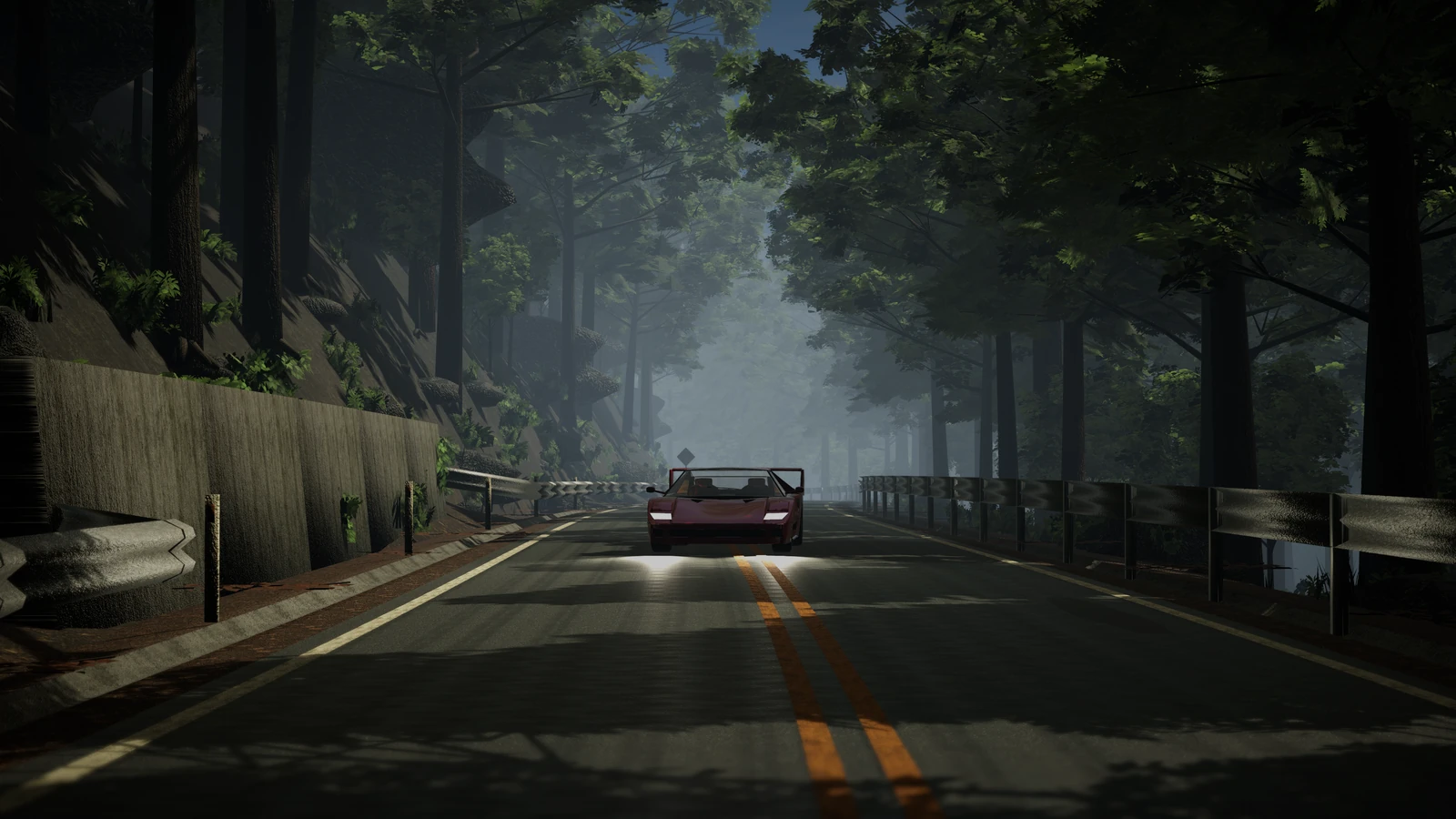 The F40 comes head-on out of the mist on a forest road, headlights on.